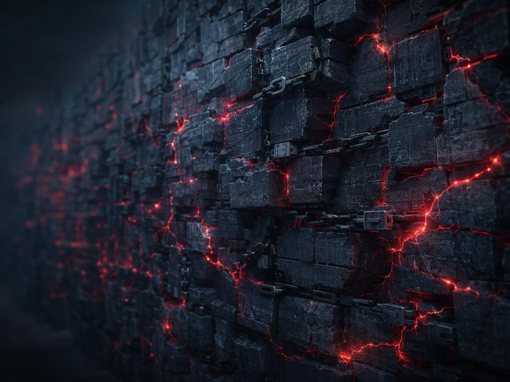 Crumbling digital wall of code blocks with glowing red fracture lines representing critical security debt in the software supply chain